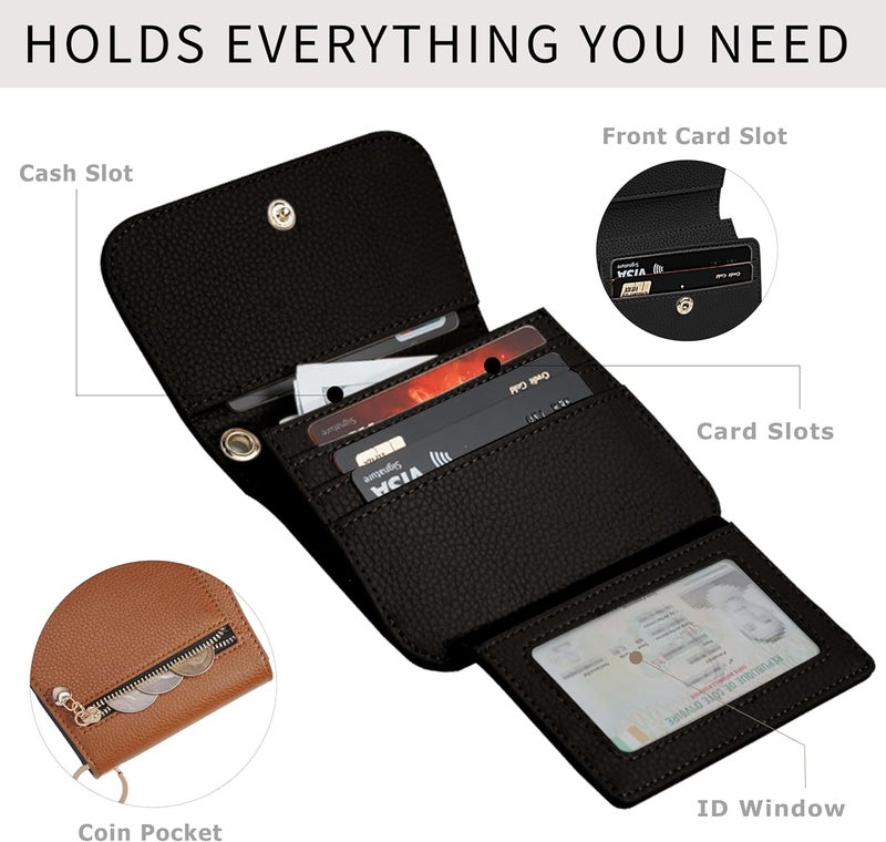 Sunpour Women Small Wallet RFID Blocking Slim Wallet with Coin Pocket Tri-Fold Credit Card Holder with ID Window and Keychain(Brown＆Black) - Image 4